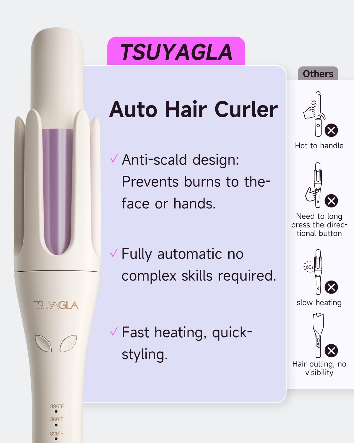 TSUYAGLA automatic hair curler demonstrates 2-way rotation for versatile curl directions.