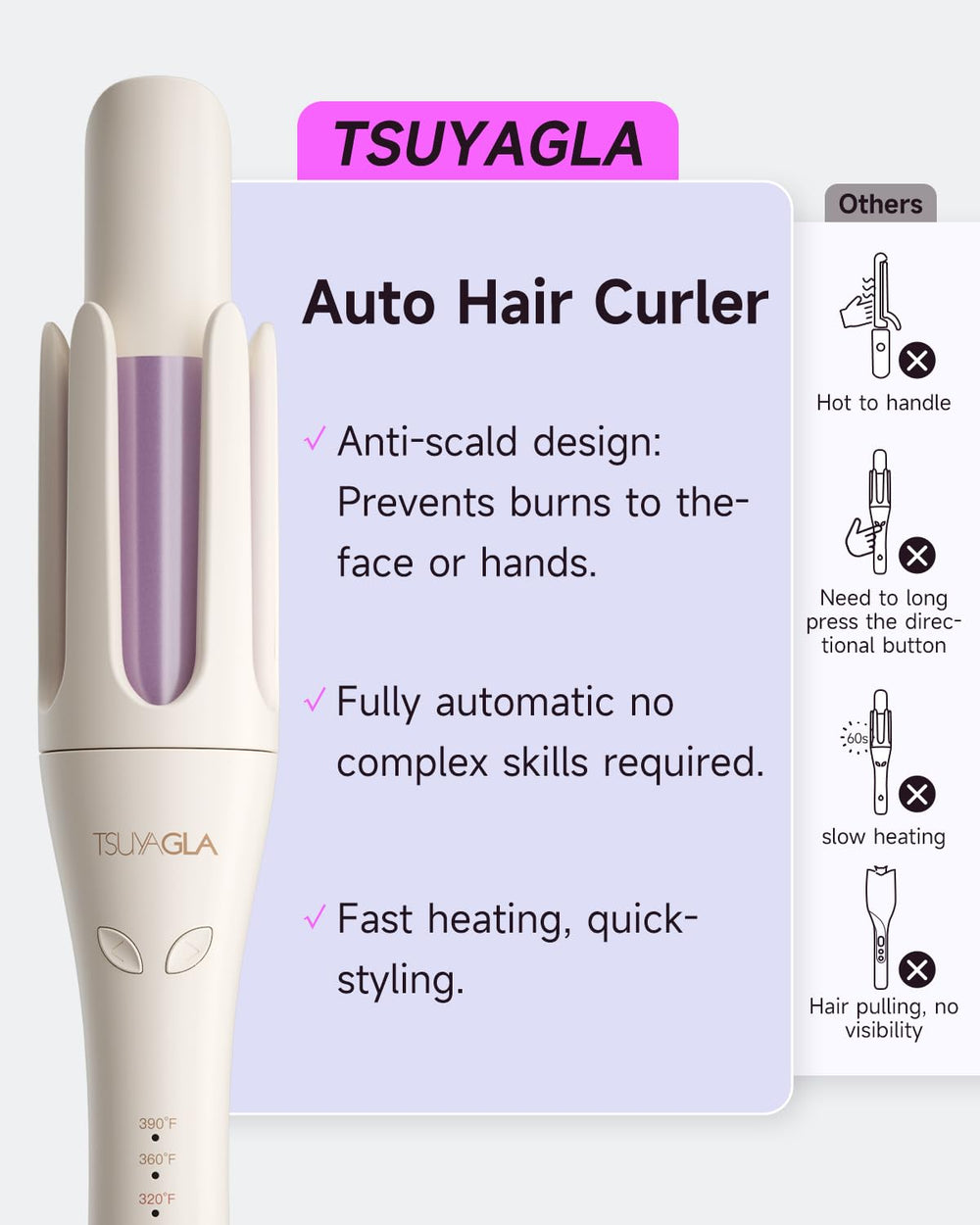 TSUYAGLA automatic hair curler demonstrates 2-way rotation for versatile curl directions.