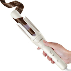 TSUYAGLA automatic hair curler barrel close-up showing tourmaline coating for smooth, frizz-free curls.