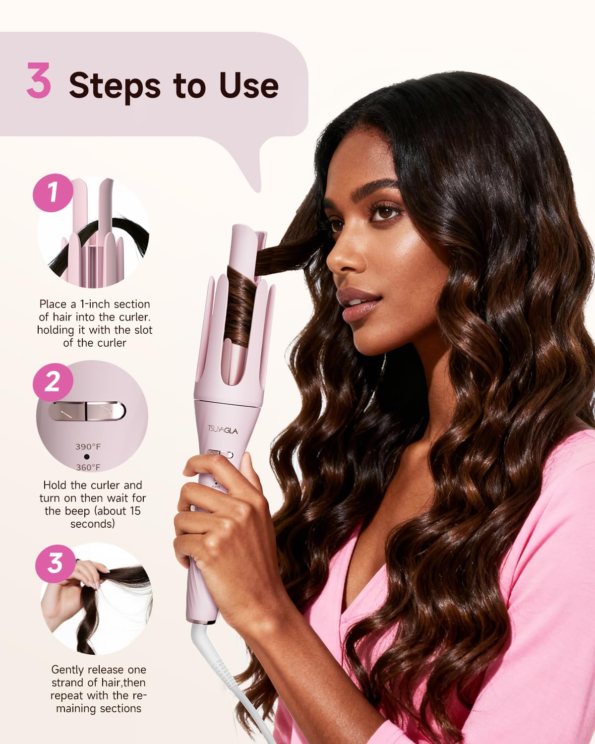 Tsuyagla dual voltage pink styling tool ready for worldwide travel