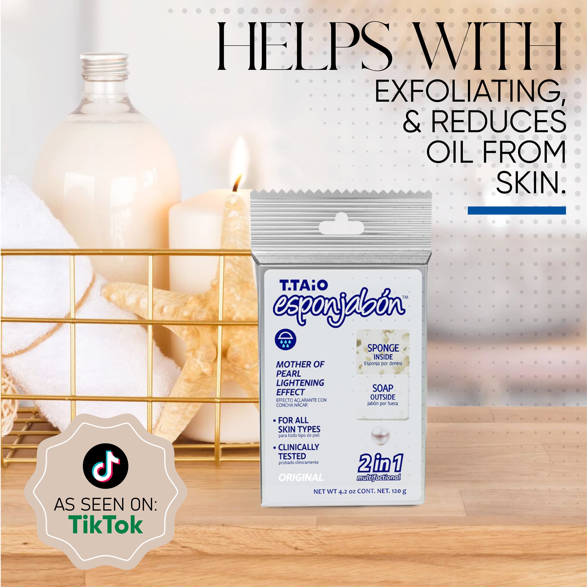 T.Taio Esponjabon Pearl exfoliation action demonstrates skin-smoothing massage benefits.