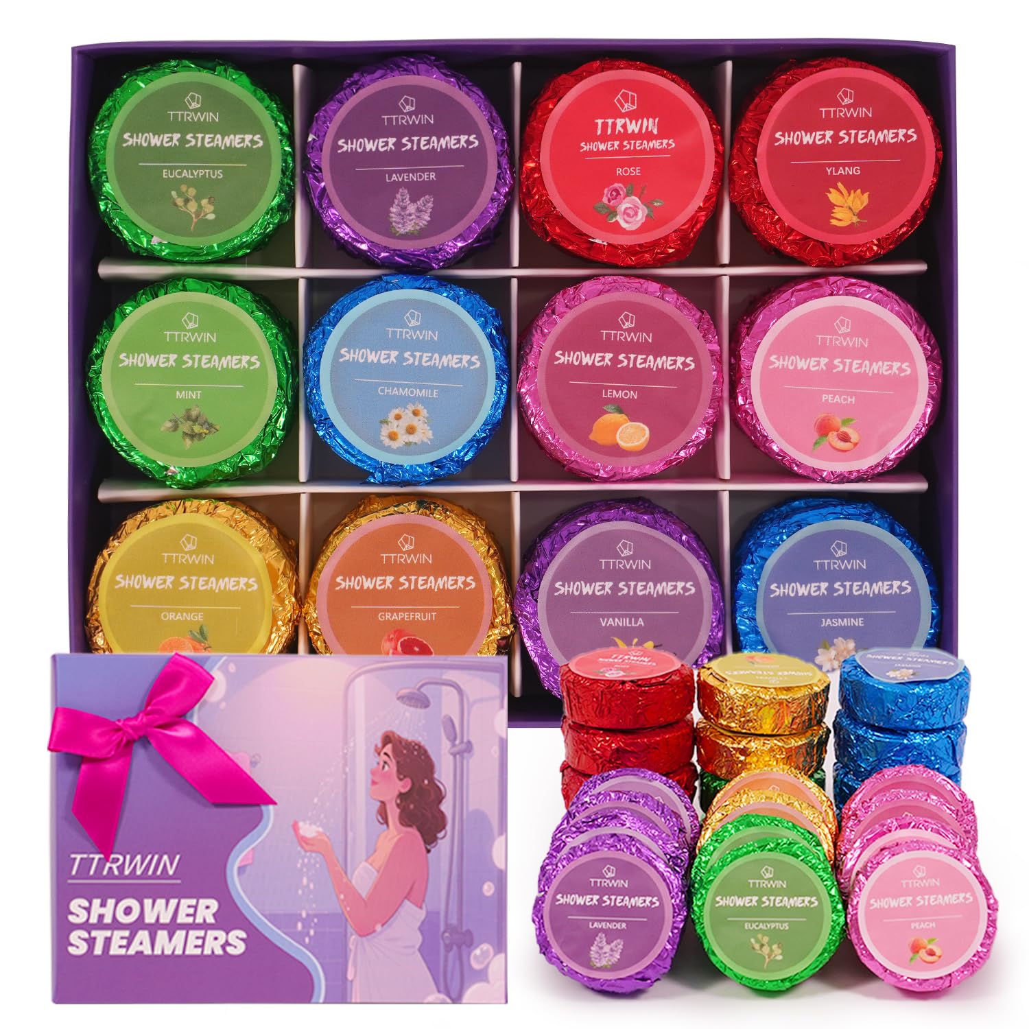 TTRWIN shower steamers 24-pack packaging highlights a luxurious self-care ritual.