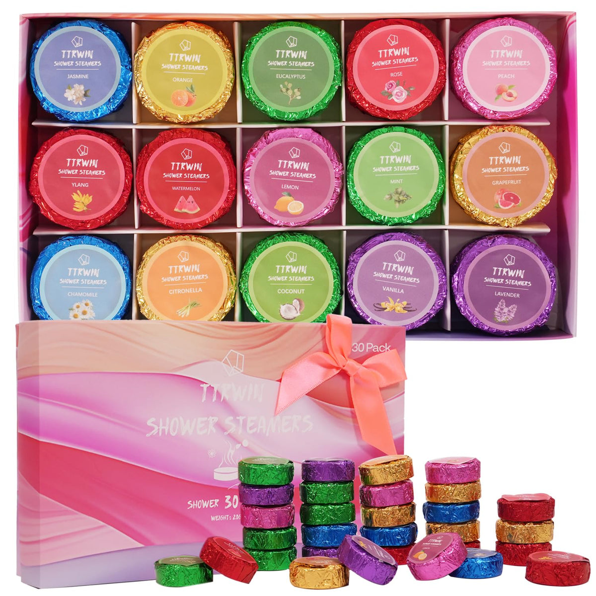 TTRWIN Shower Steamers 30-pack front view in premium packaging for gifting.
