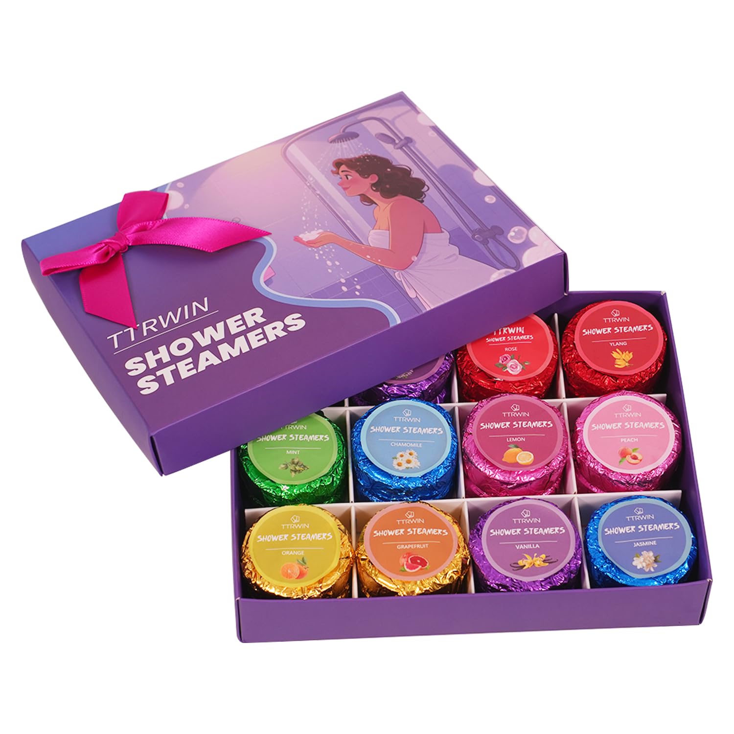 TTRWIN shower steamers showcase fragrance varieties for mood-based relaxation.