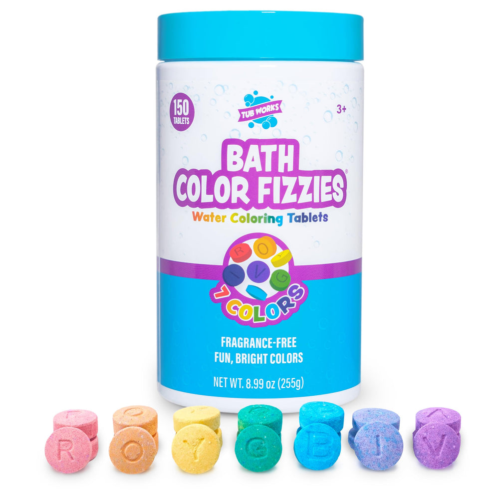 Tub Works Bath Color Fizzies jar front for engaging, kid-friendly bath time with colorful water