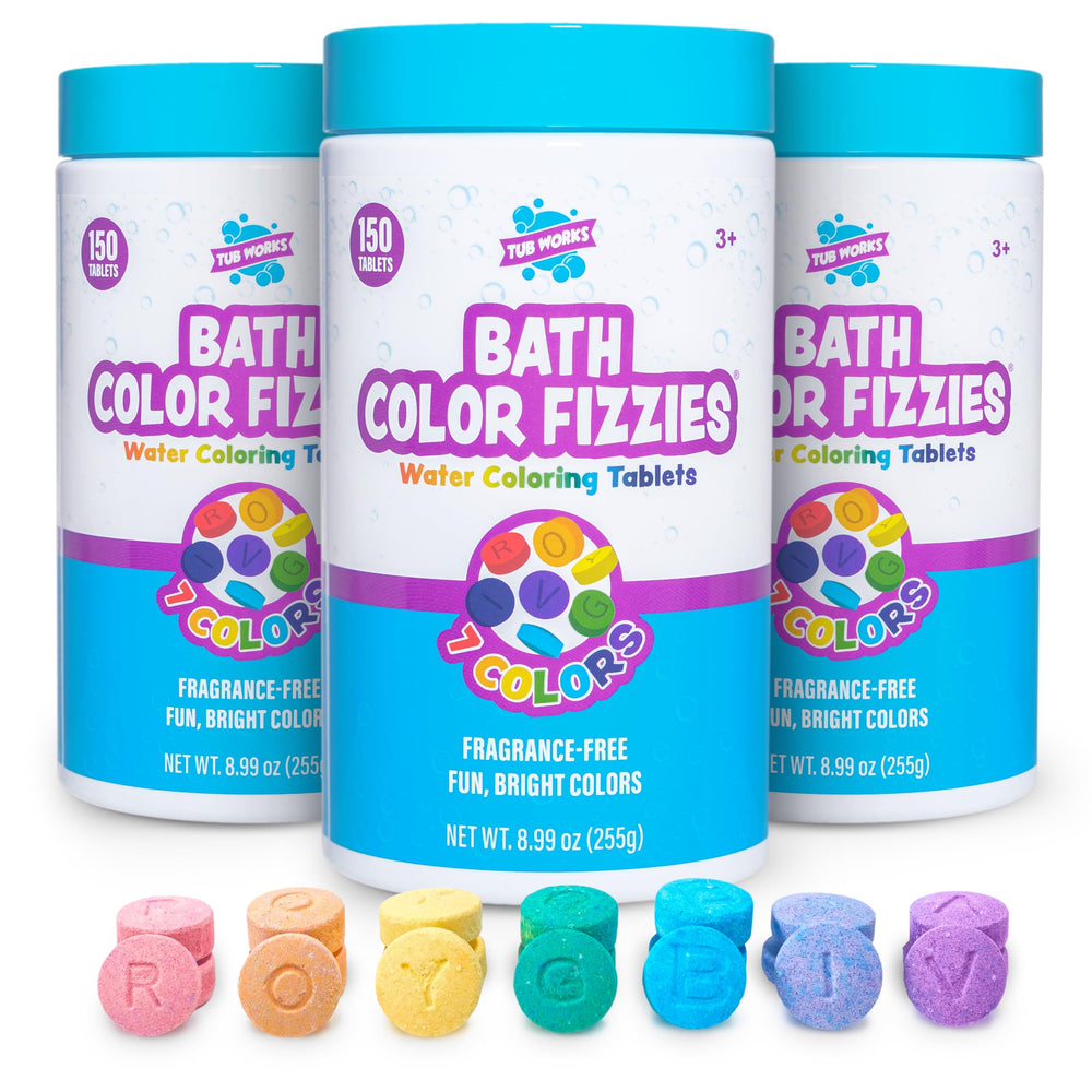 Tub Works Bath Color Fizzies three-pack canisters for easy color play in baths