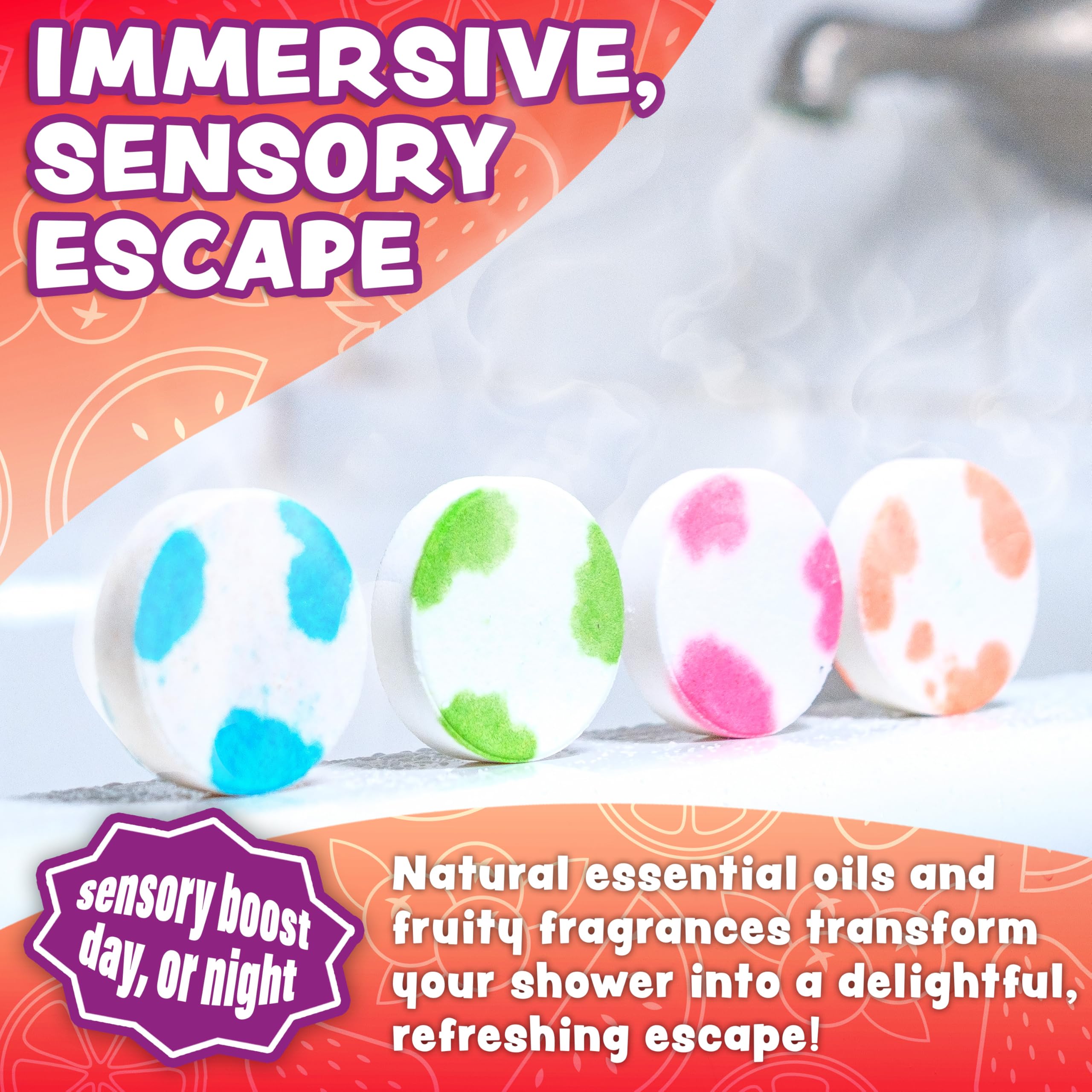 Tub Works Fruit Fusion kids-use shot showing shower steamers near water stream.