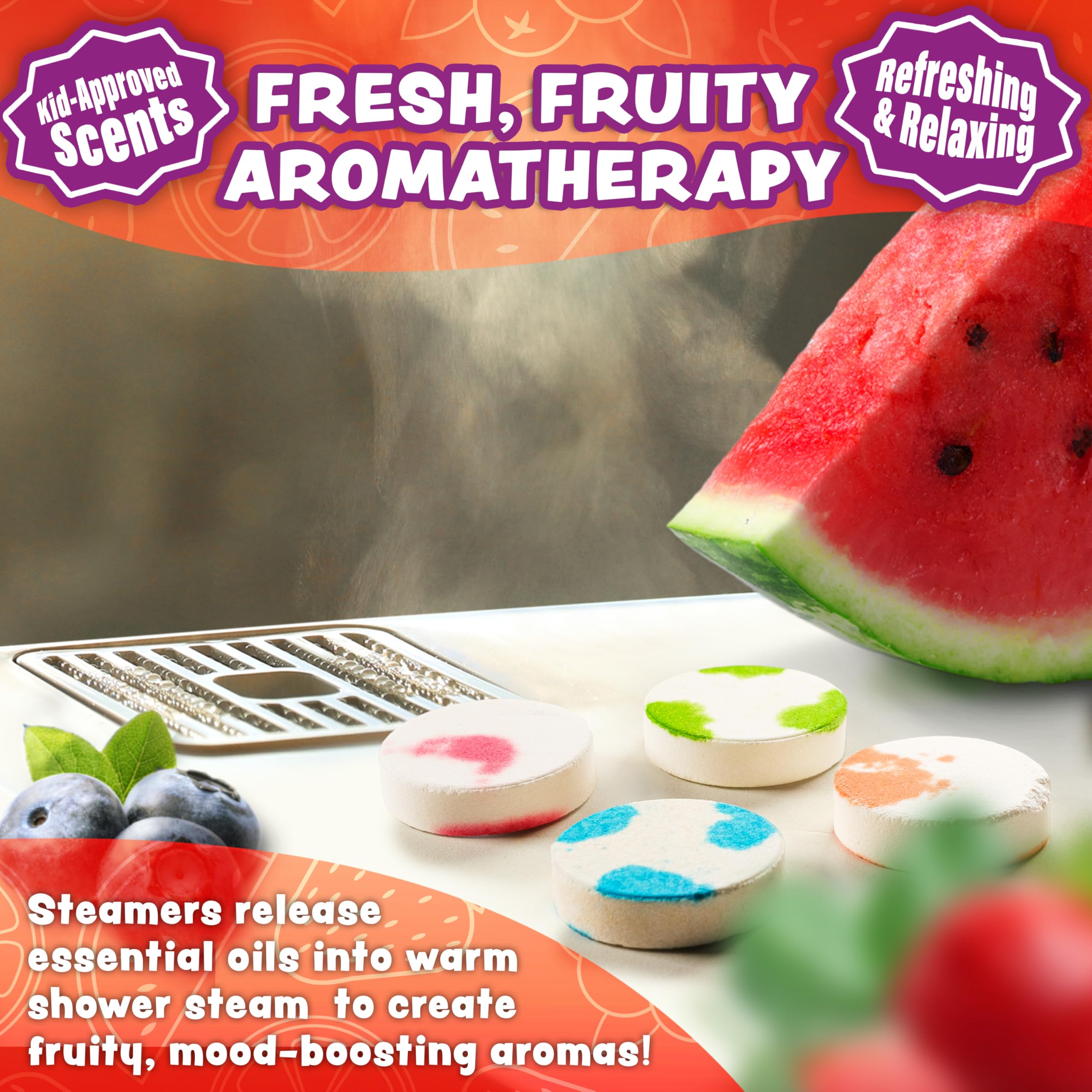 Tub Works Fruit Fusion strawberry steamers close view highlighting playful kid-friendly packaging.