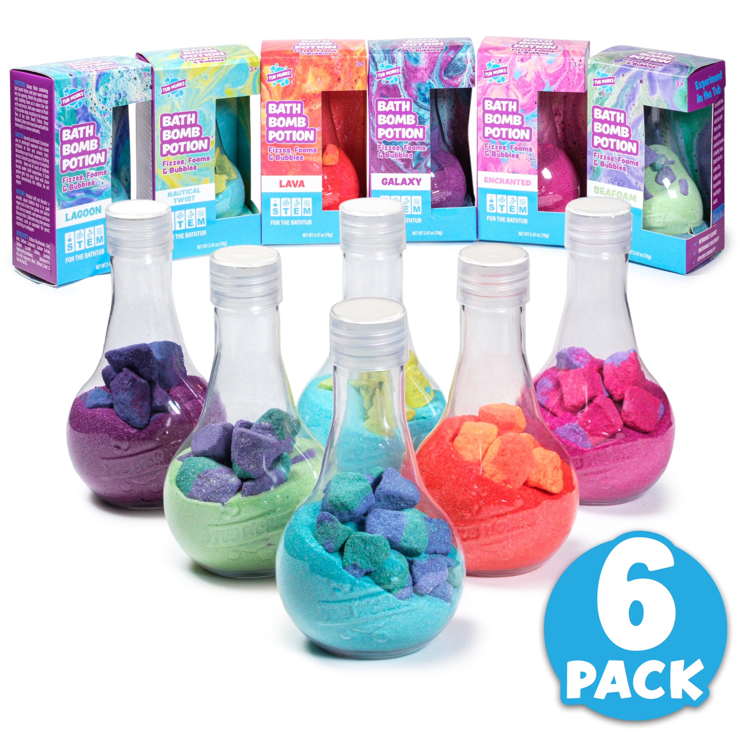 Tub Works Bath Bomb Potion eruption-bubble-art showcases vibrant foam on water.