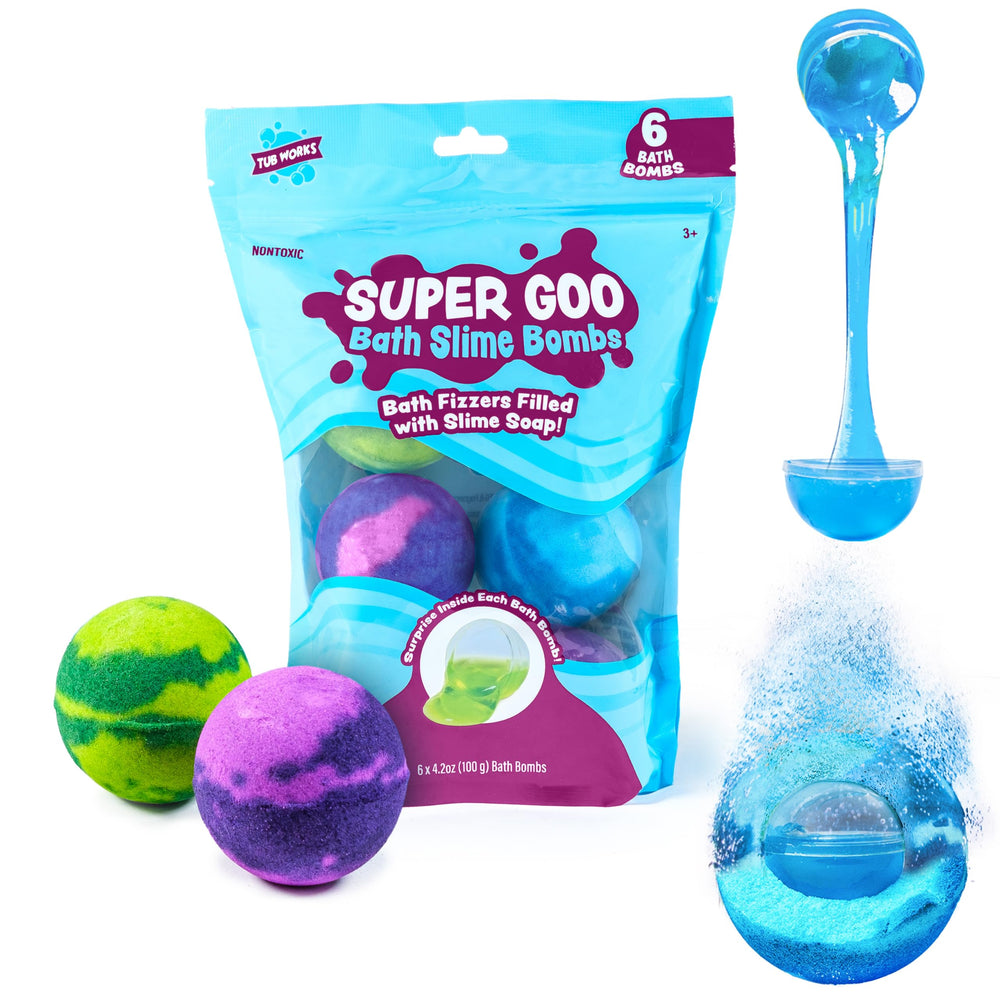 Tub Works Super Goo Bath Slime Bomb Pack reveals slime for tactile bath play.