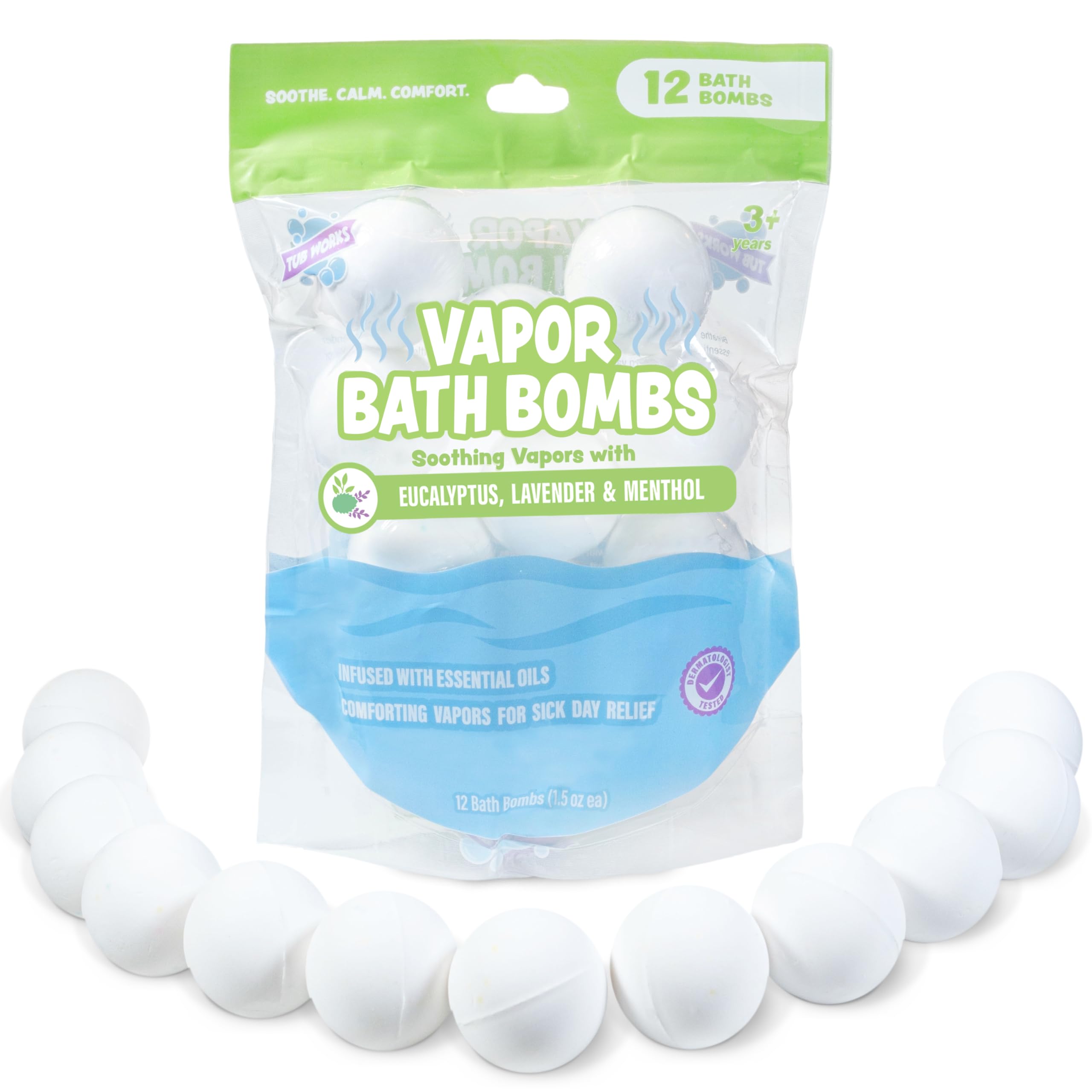 Tub Works Vapor Bath Bombs come in a 12-pack, ready to warm bath rituals