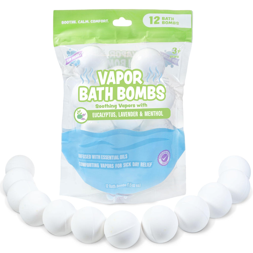 Tub Works Vapor Bath Bombs come in a 12-pack, ready to warm bath rituals