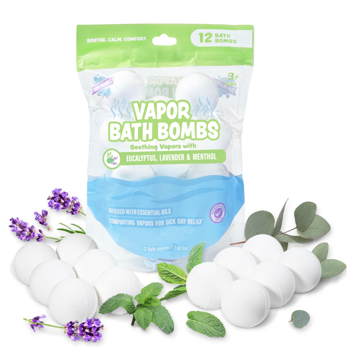 Tub Works Vapor Bath Bombs packaging ready for toddler bath time and easy use