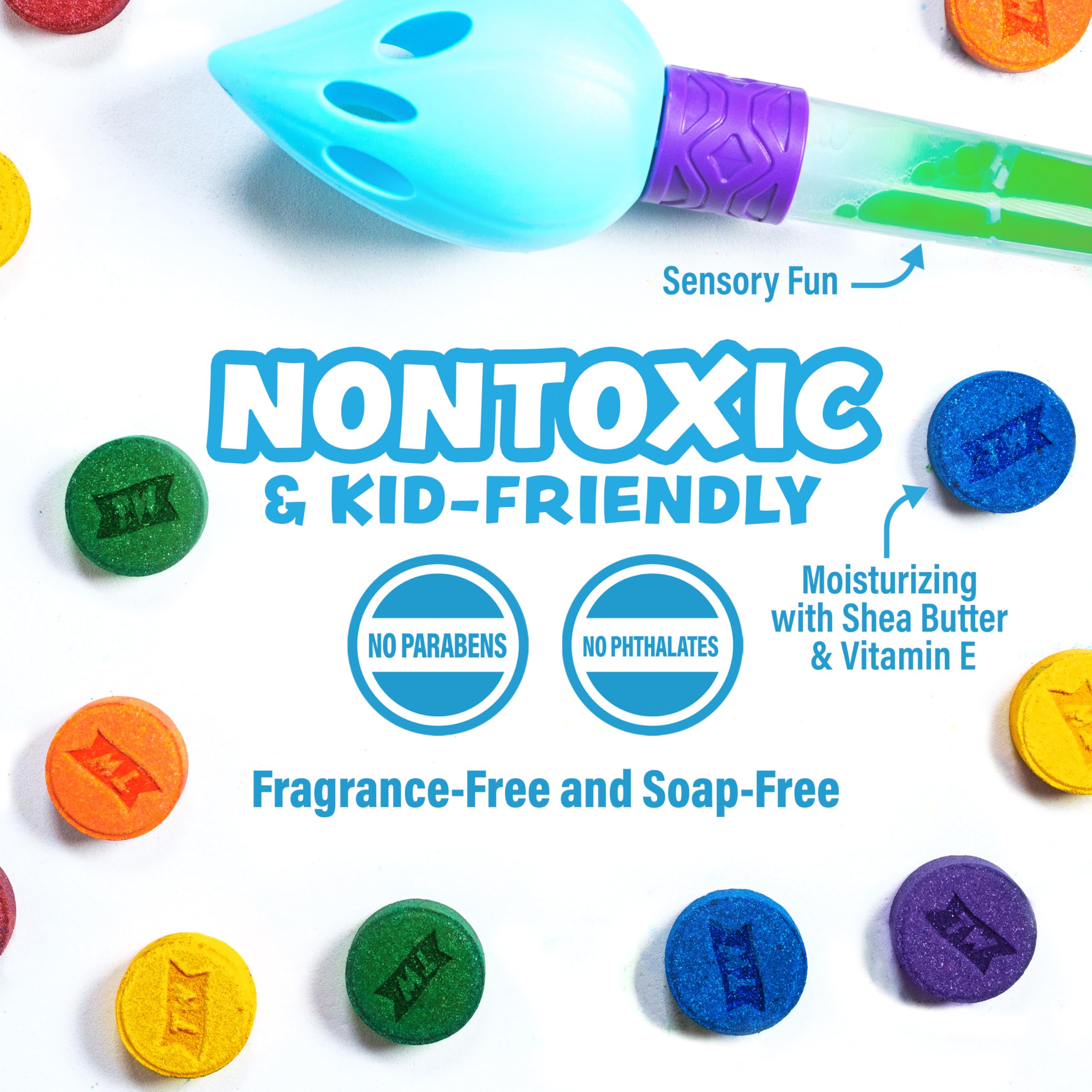 Tub Works vitamin E and shea butter tablets moisturize while colors swirl.