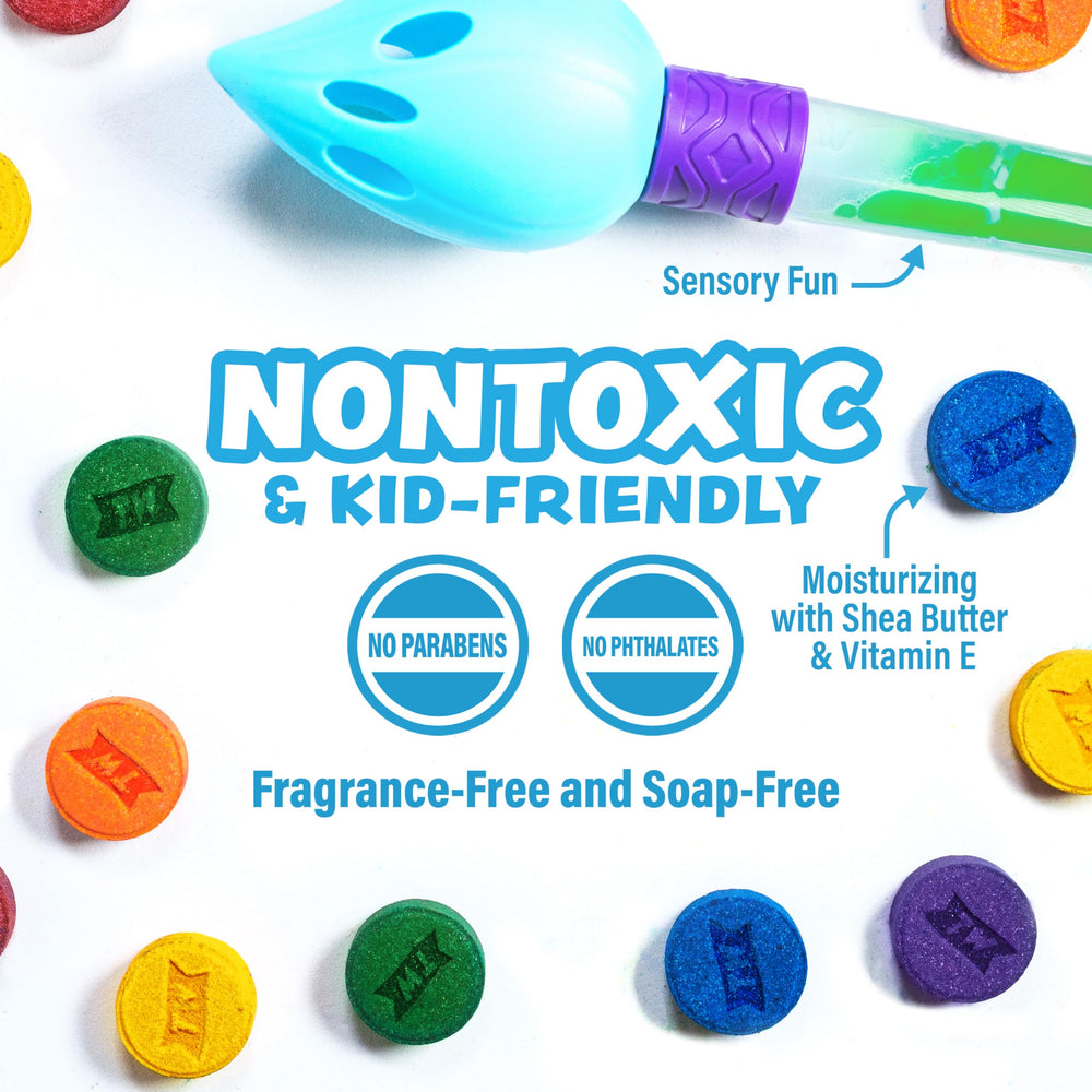 Tub Works vitamin E and shea butter tablets moisturize while colors swirl.