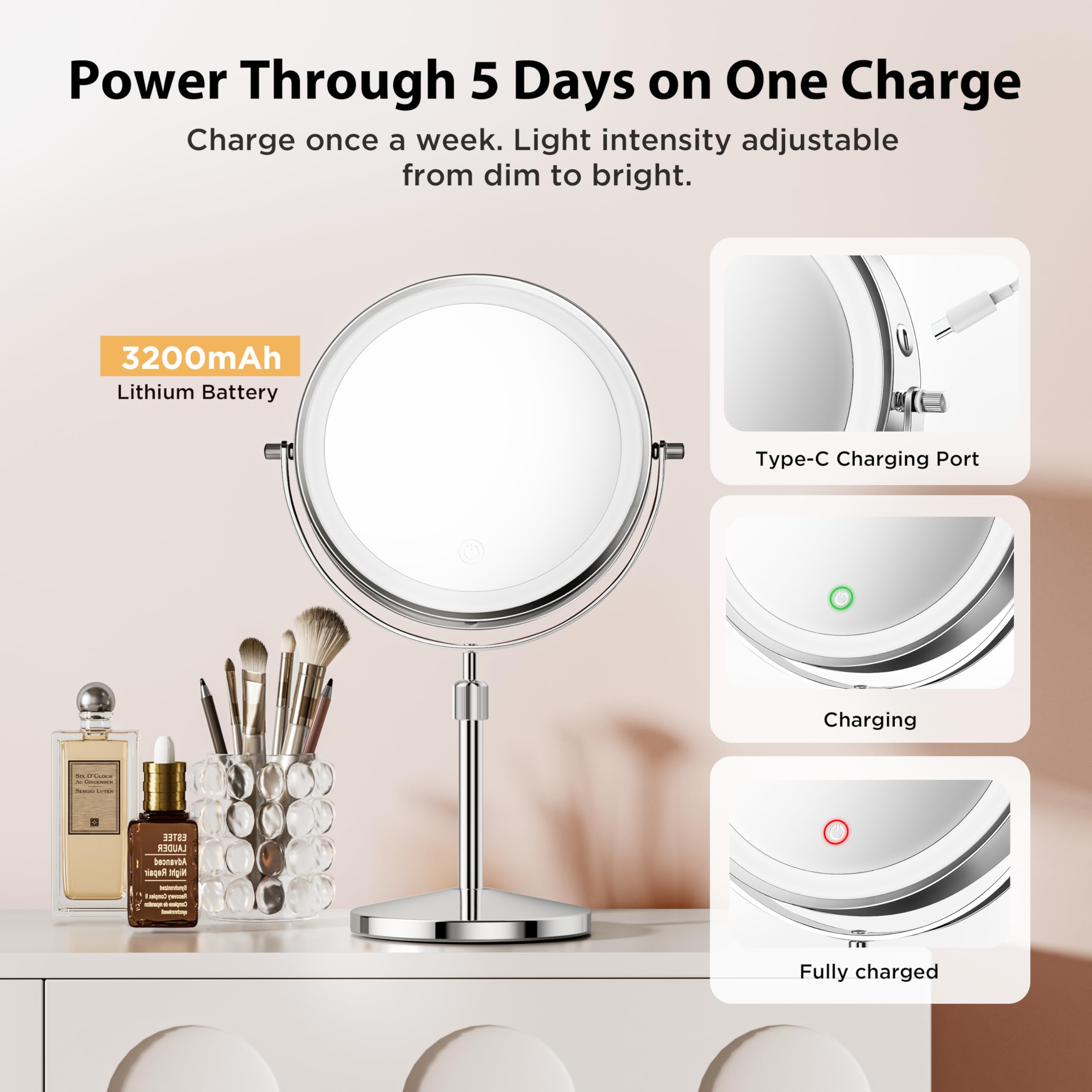 Tubbede makeup mirror long-lasting rechargeable battery for cordless vanity sessions.