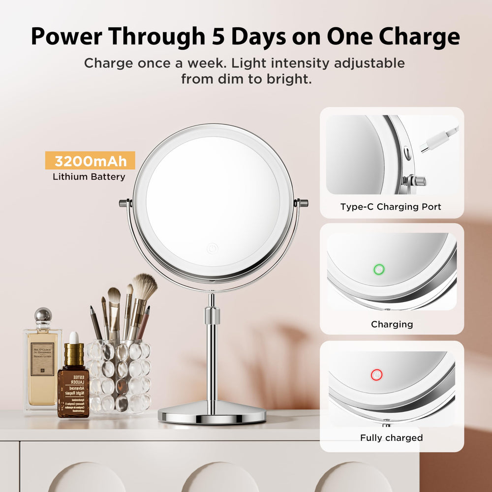 Tubbede makeup mirror long-lasting rechargeable battery for cordless vanity sessions.
