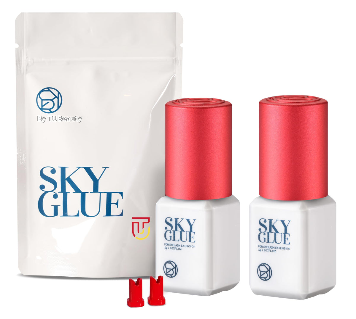 TUBeauty Sky Glue S bottle close-up showing ultra-fast 1-2s dry time for lash extensions.