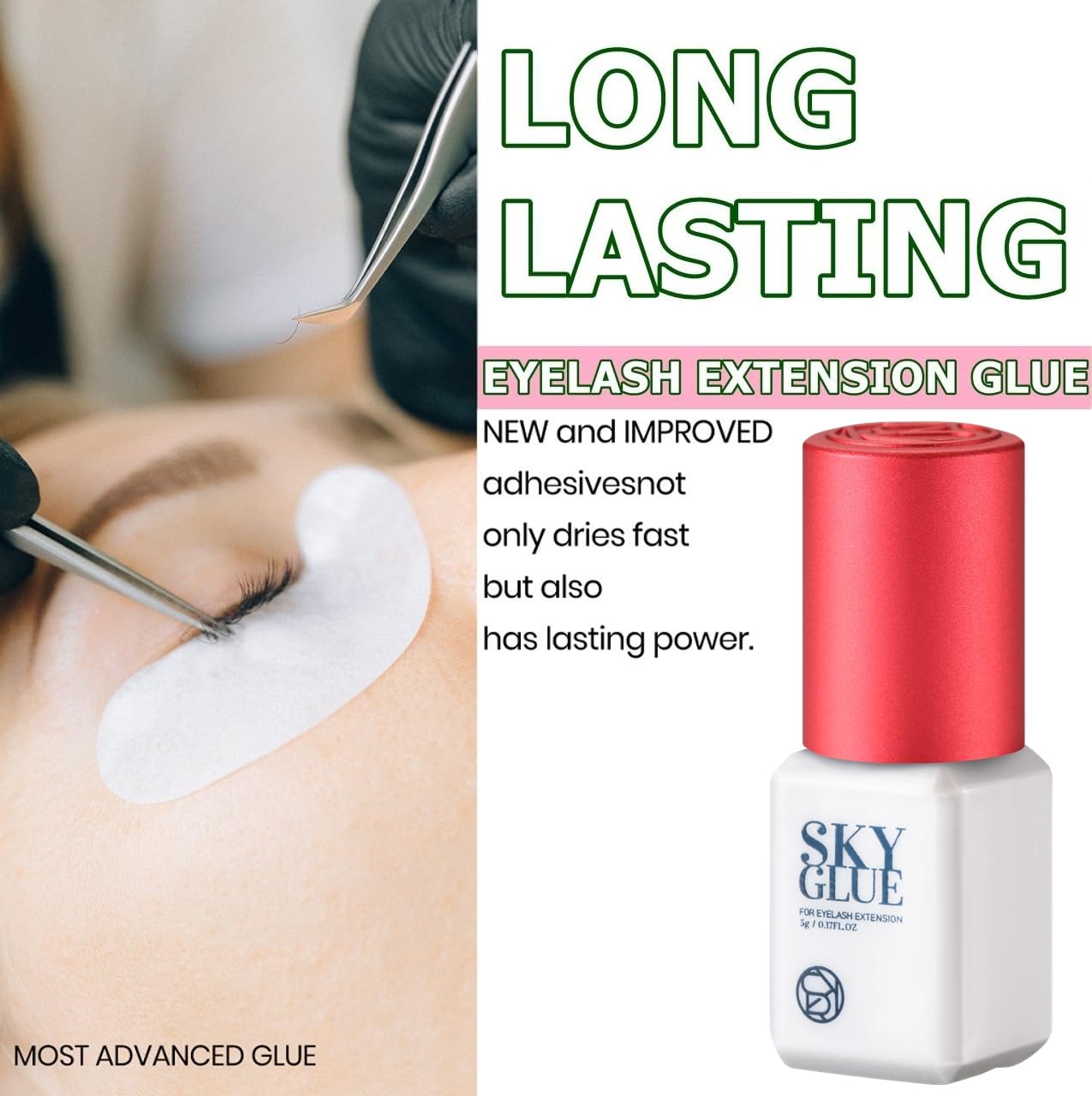 TUBeauty Sky Glue S bottle highlighting up to 6-8 weeks retention for lashes.