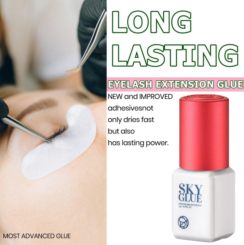 TUBeauty Sky Glue S bottle highlighting up to 6-8 weeks retention for lashes.