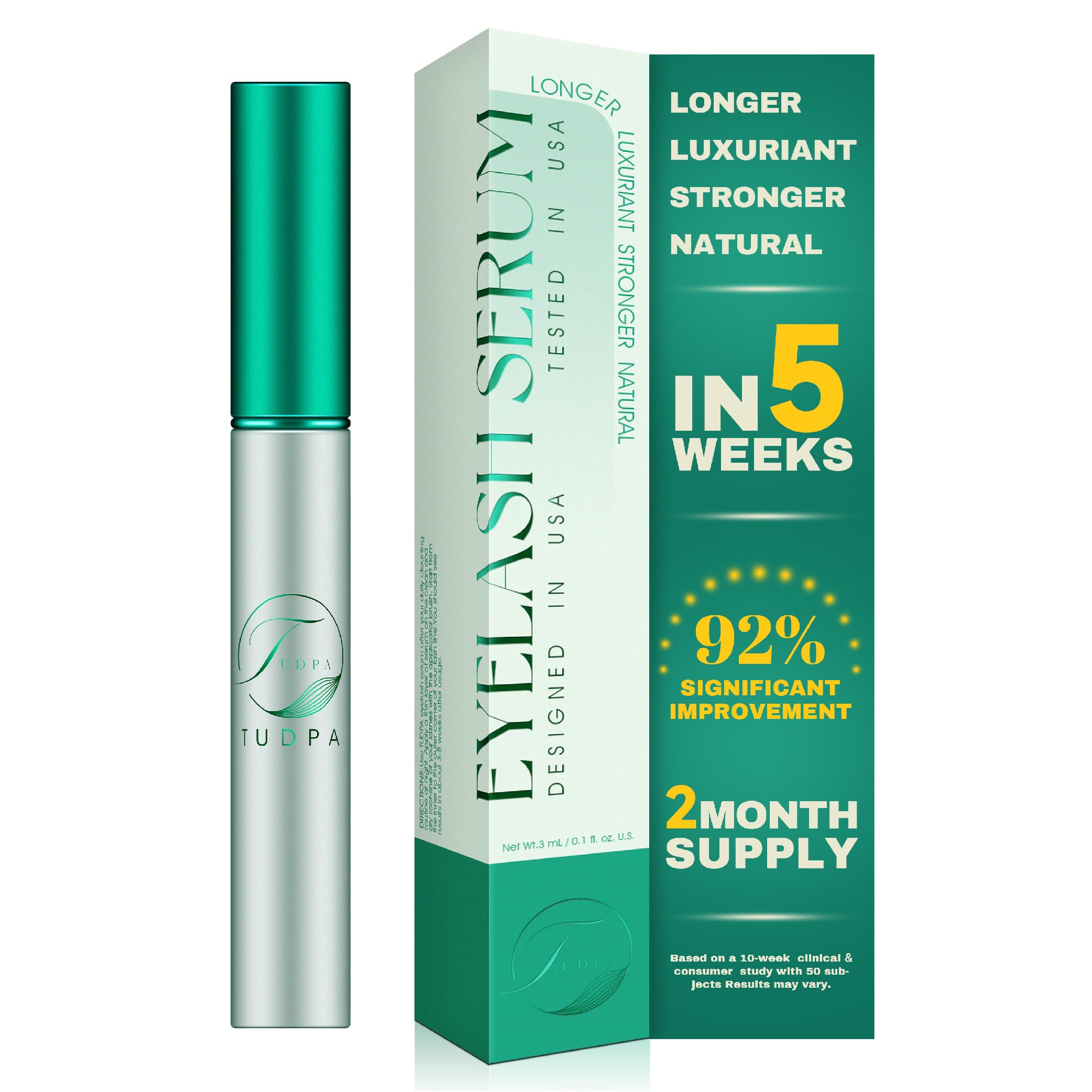 TUDPA Eyelash Growth Serum bottle close-up for gentle lash care.