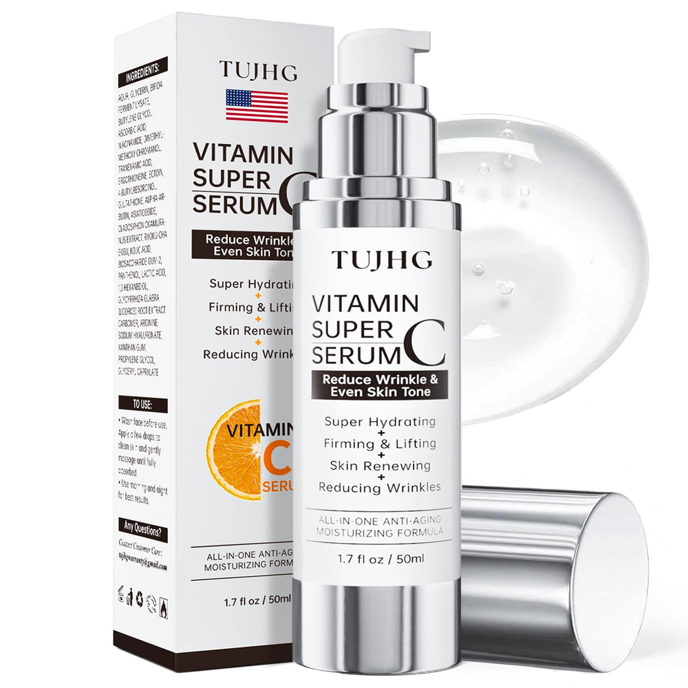 TUJHG Vitamin C Retinol Serum bottle closeup for daily brightening glow