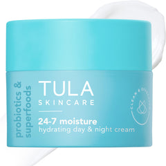 TULA 24-7 Hydrating Day-Night Cream bottle for daily moisture across skin types.