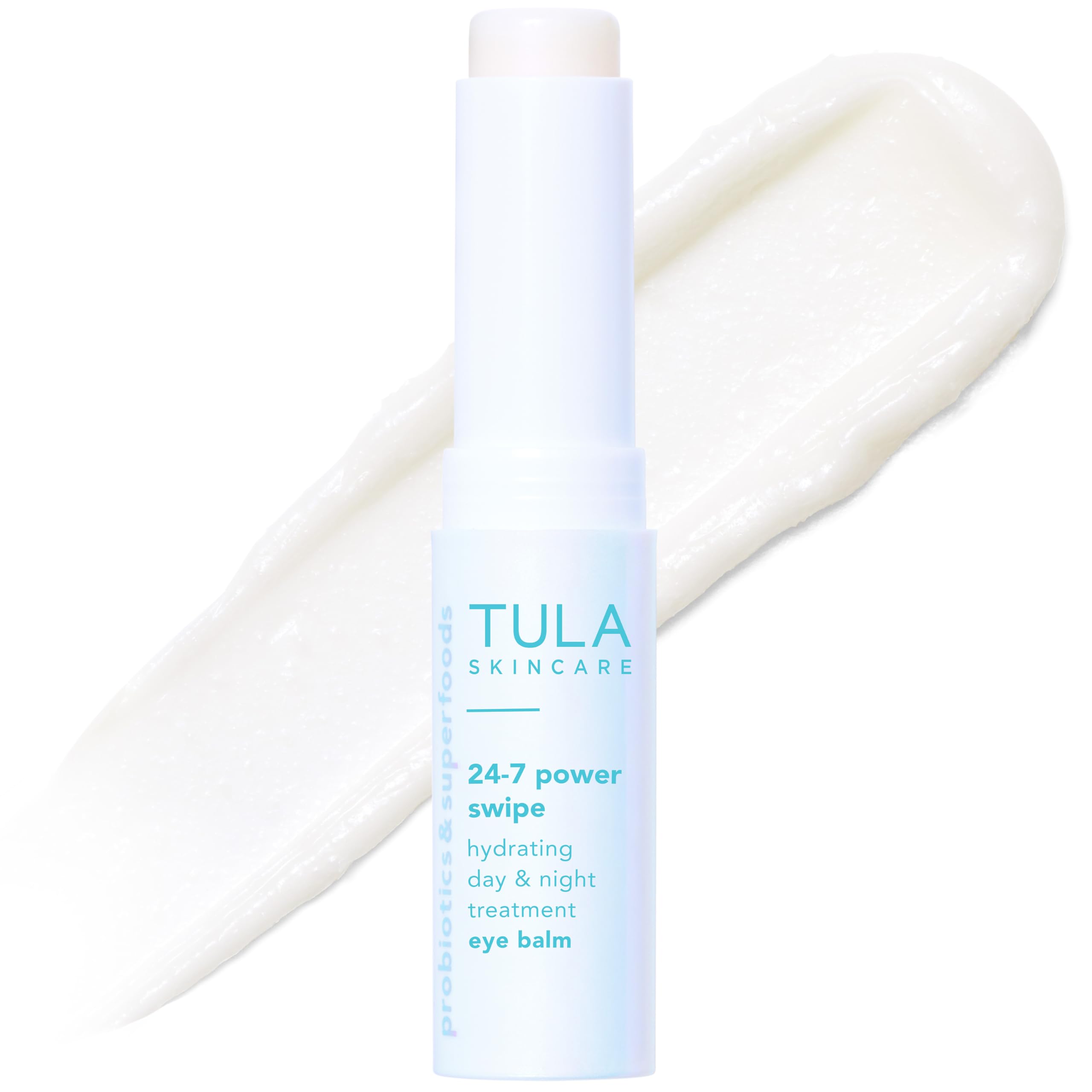 TULA 24-7 Power Swipe eye balm jar close-up shows hydration and brightness
