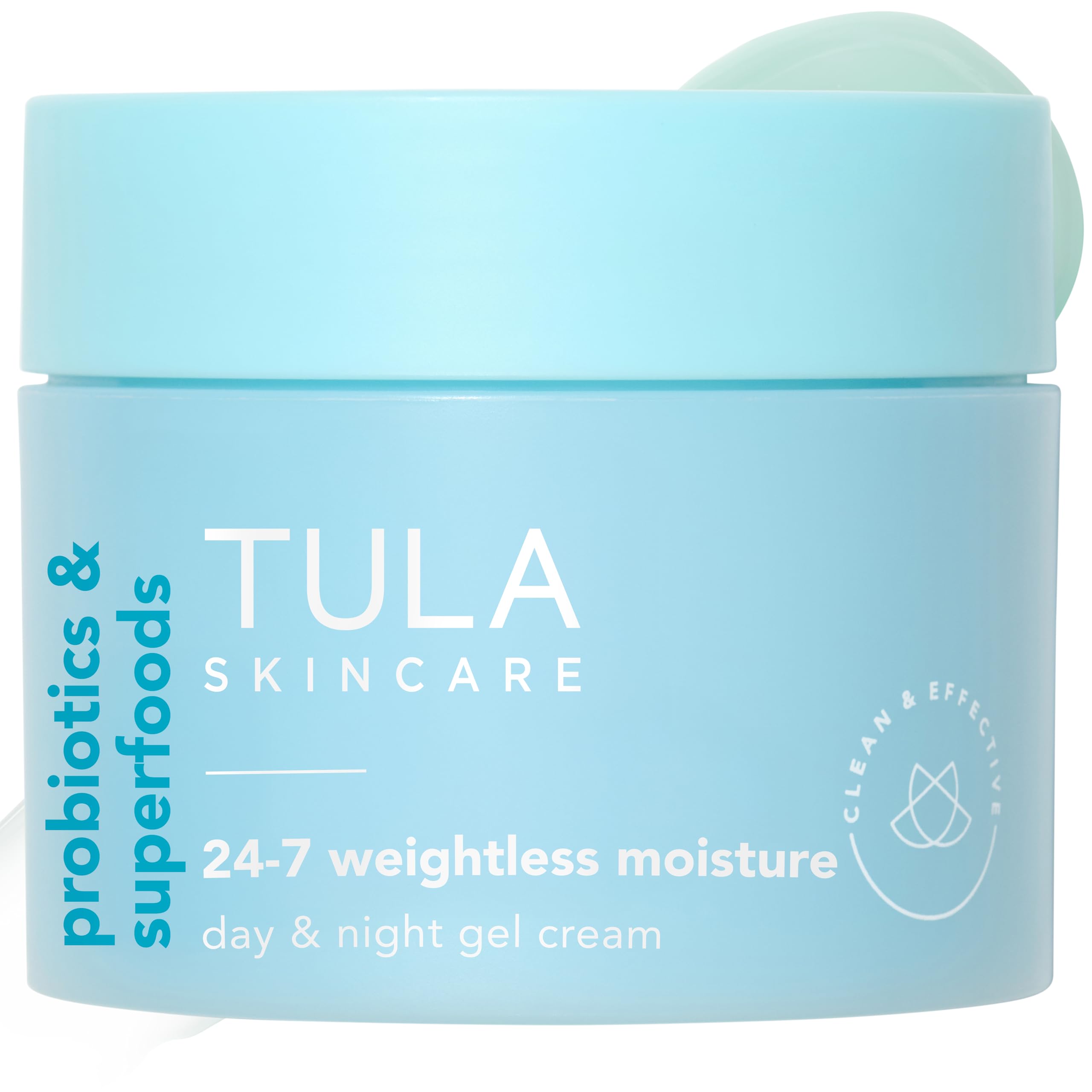 TULA 24-7 Weightless Moisture jar closeup shows a lightweight gel texture for all-day hydration.