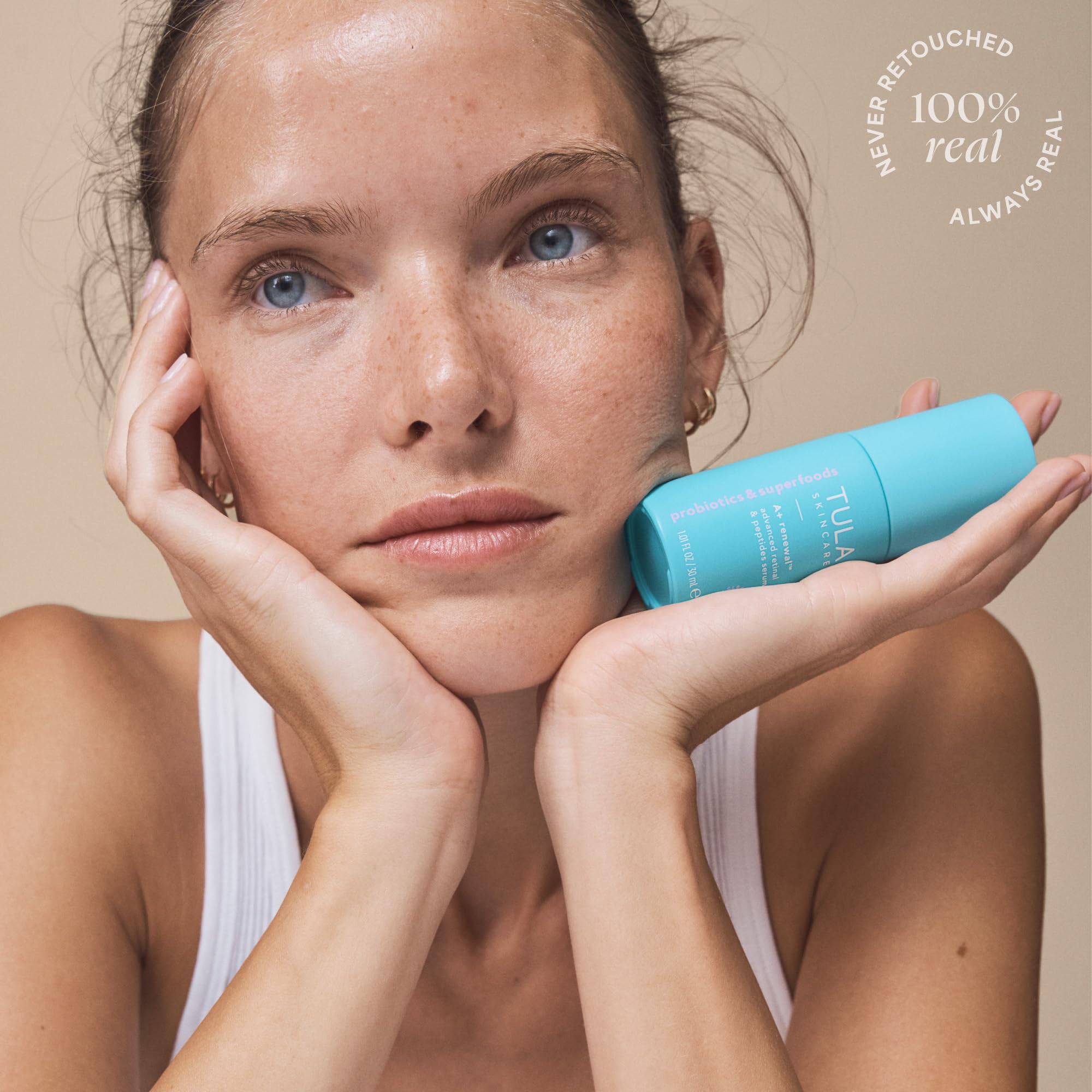 TULA A+ Renewal serum swirl texture conveying luxury skincare experience
