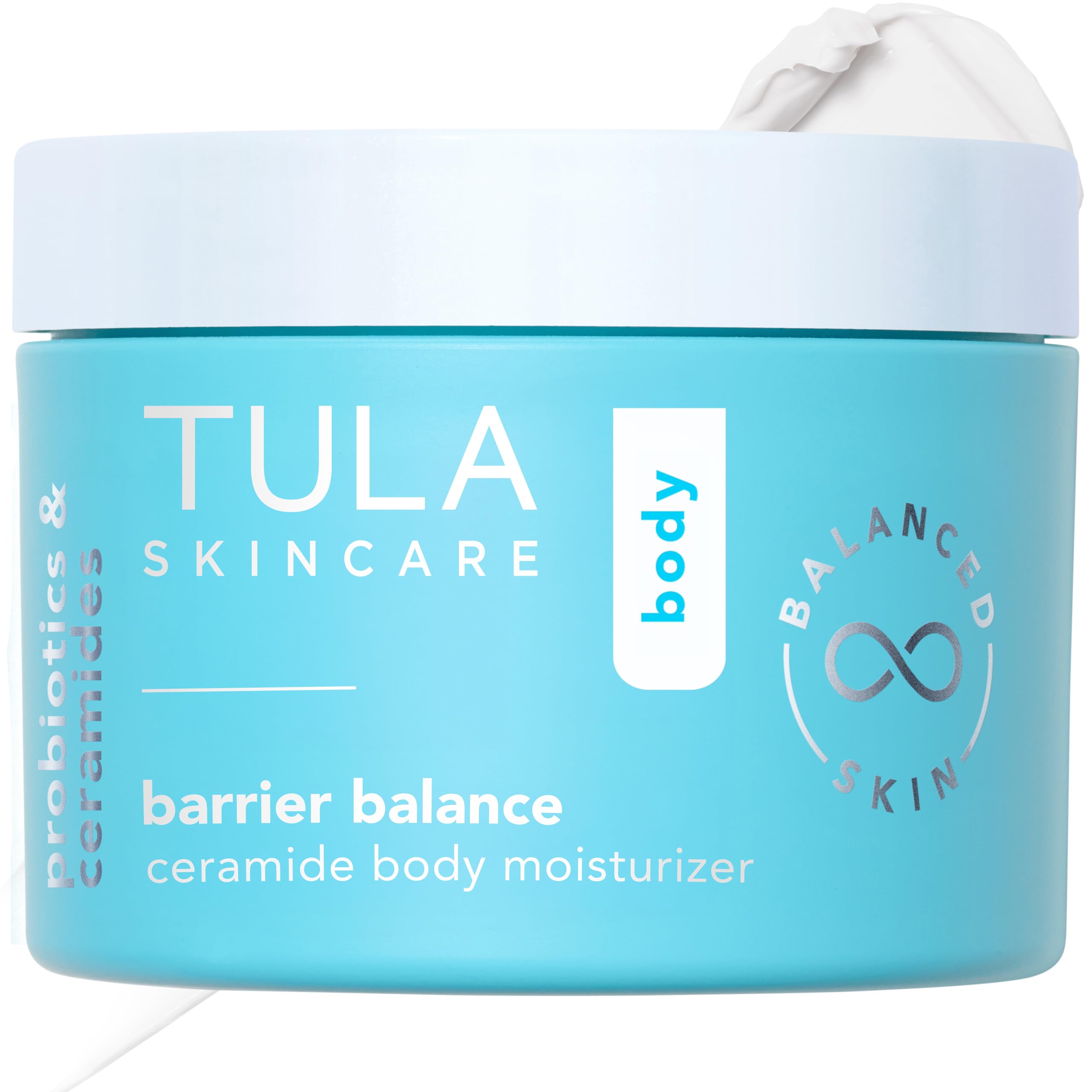 TULA Barrier Balance Ceramide Body Moisturizer bottle shows daily hydration and barrier protection.