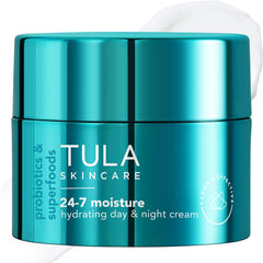 Close-up of TULA chrome packaging highlighting premium hydration for daily skin care.