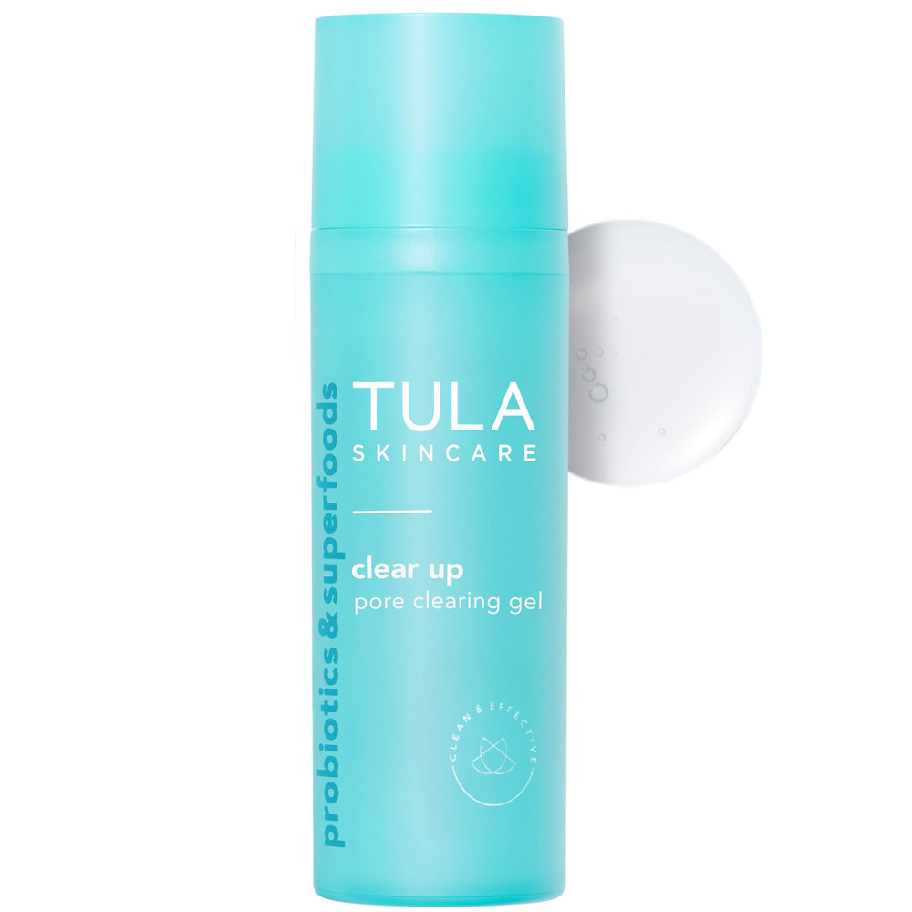 TULA Clear Up bottle pour shows the pore-clearing gel ready for use.