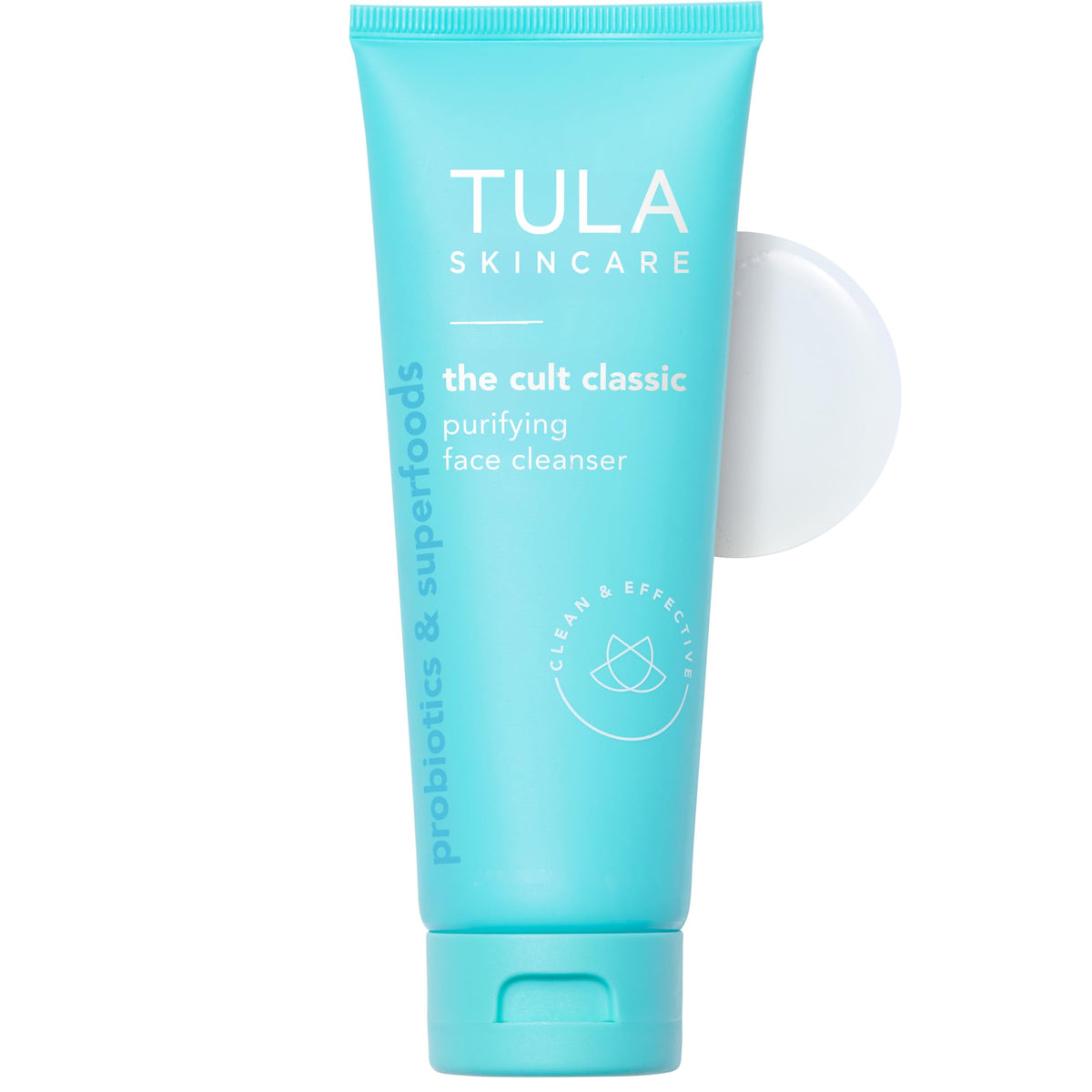 TULA Cult Classic Purifying Face Cleanser bottle pour highlights deep cleansing and makeup removal.