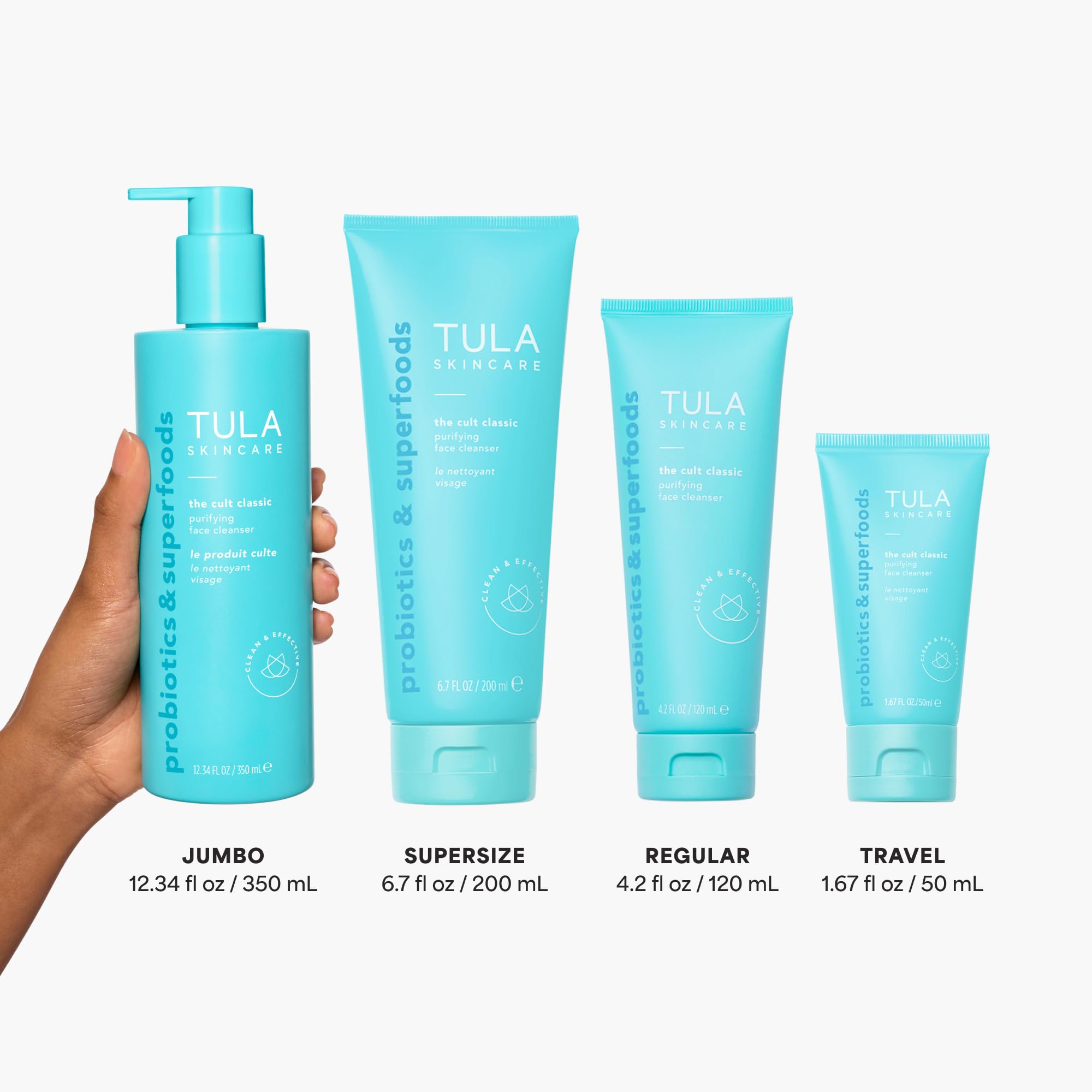 TULA Cult Classic Purifying Face Cleanser foaming texture demonstrates gentle cleansing for all skin types.