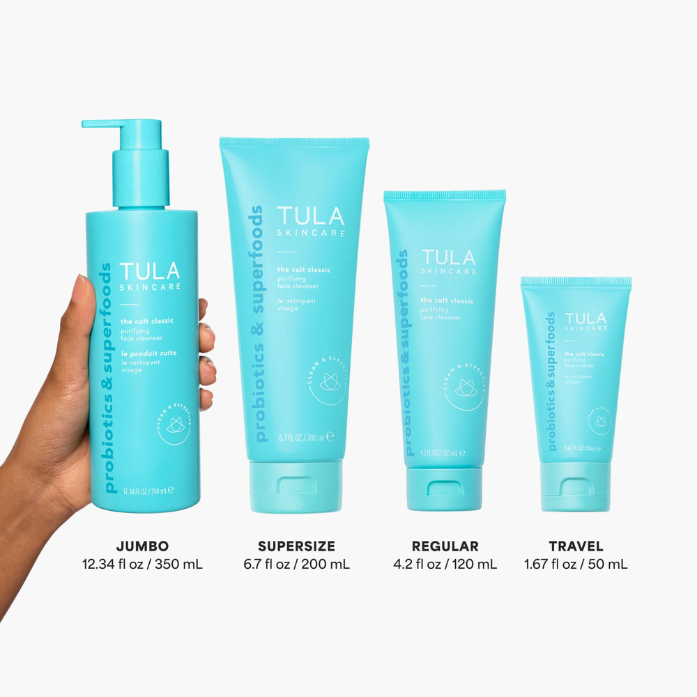 TULA Cult Classic Purifying Face Cleanser foaming texture demonstrates gentle cleansing for all skin types.