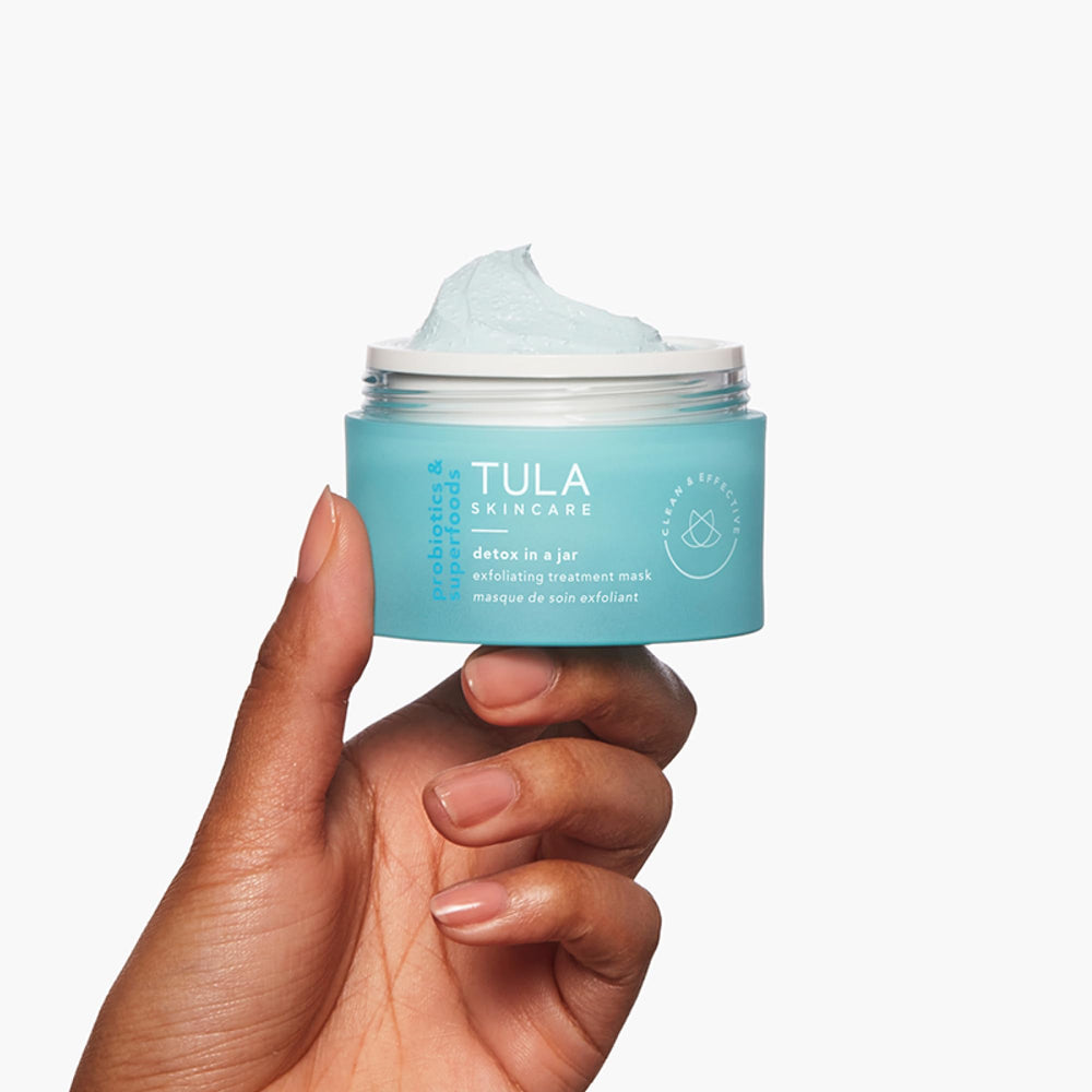 TULA detox mask application swatch ready for a weekly exfoliation routine.