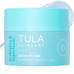 TULA detox mask jar closeup shows clay texture with impurities drawn out.