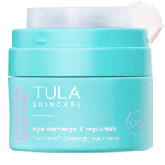 TULA Eye Recharge + Replenish bottle shows rich overnight hydration for refreshed under-eye skin