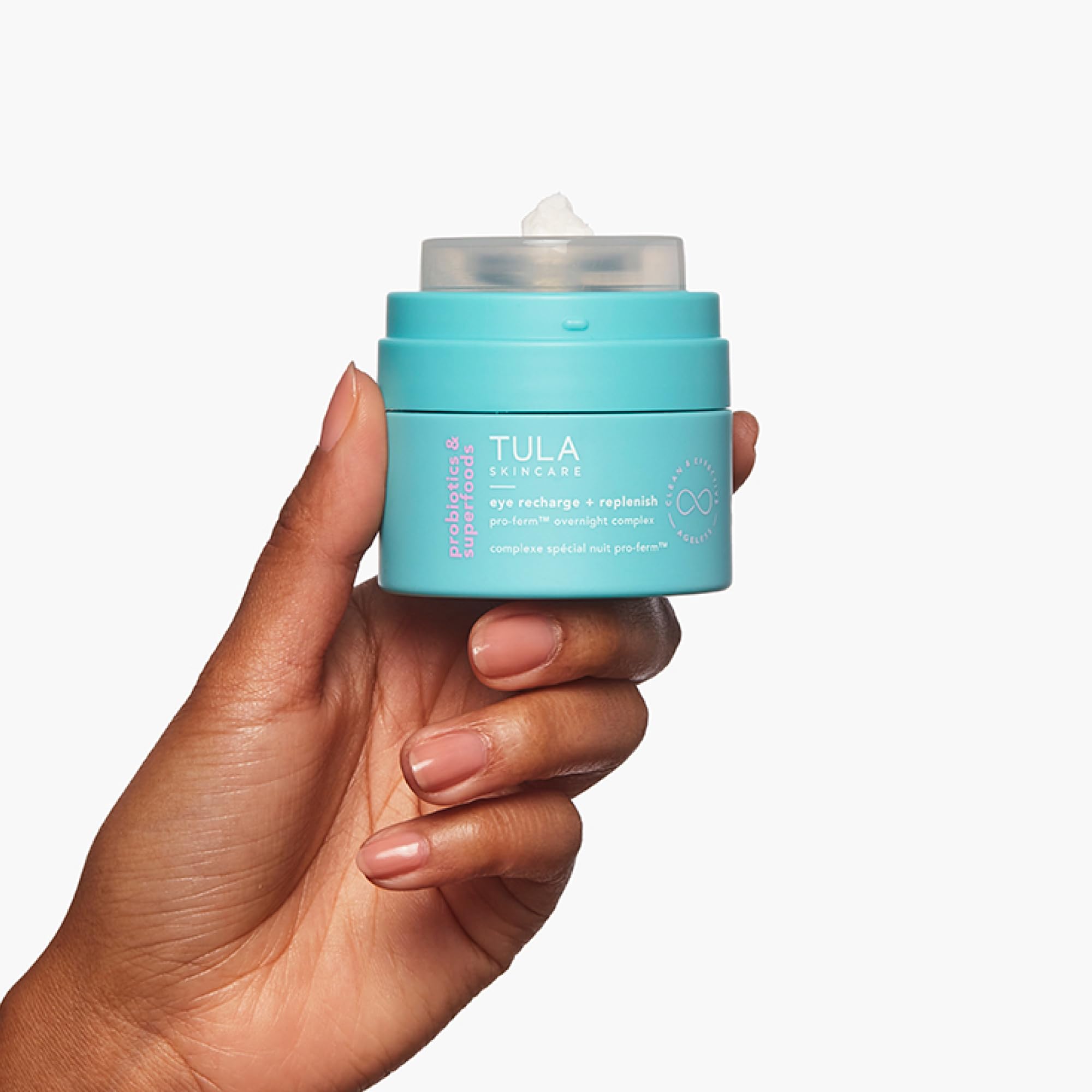 TULA Eye Recharge cream texture closeup highlights a creamy formula for pillow-soft comfort