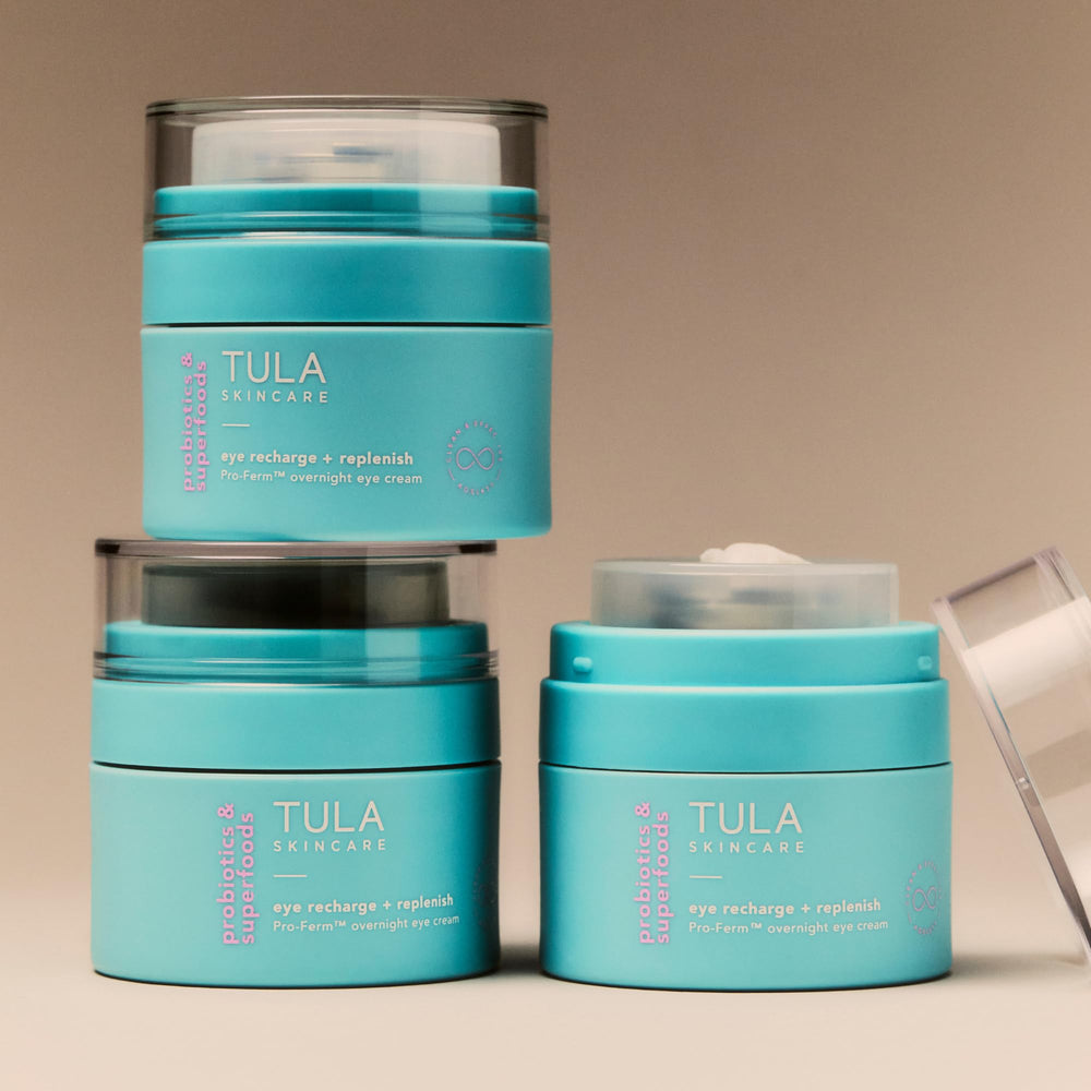 TULA Eye Recharge packaging image conveys premium overnight formula for elasticity support