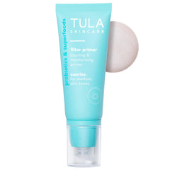 TULA Face Filter Supersize Sunrise bottle highlights glow-boosting primer for radiant makeup.