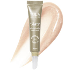 TULA Glaze Lip Maple tube closeup shows high-gloss hydration and plumping shine.