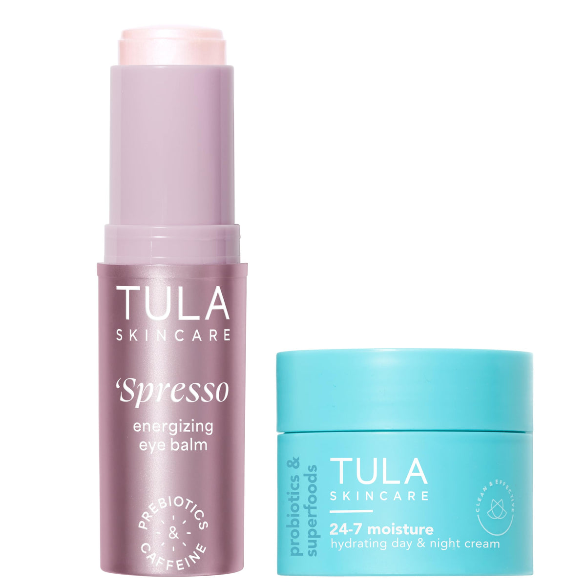 TULA Pink 'Spresso Eye Balm jar shows energizing under-eye boost and rosy radiance.