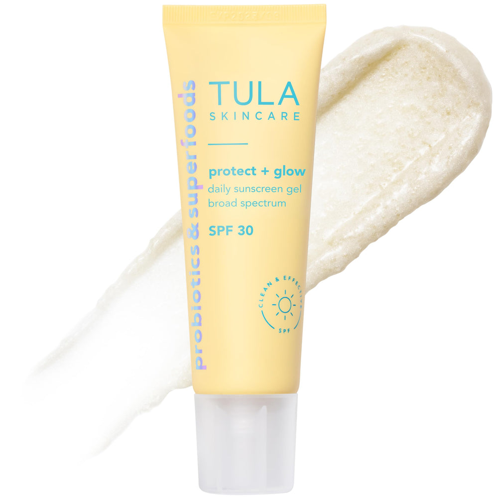 TULA Protect + Glow daily sunscreen front view shows gel texture for everyday SPF protection.