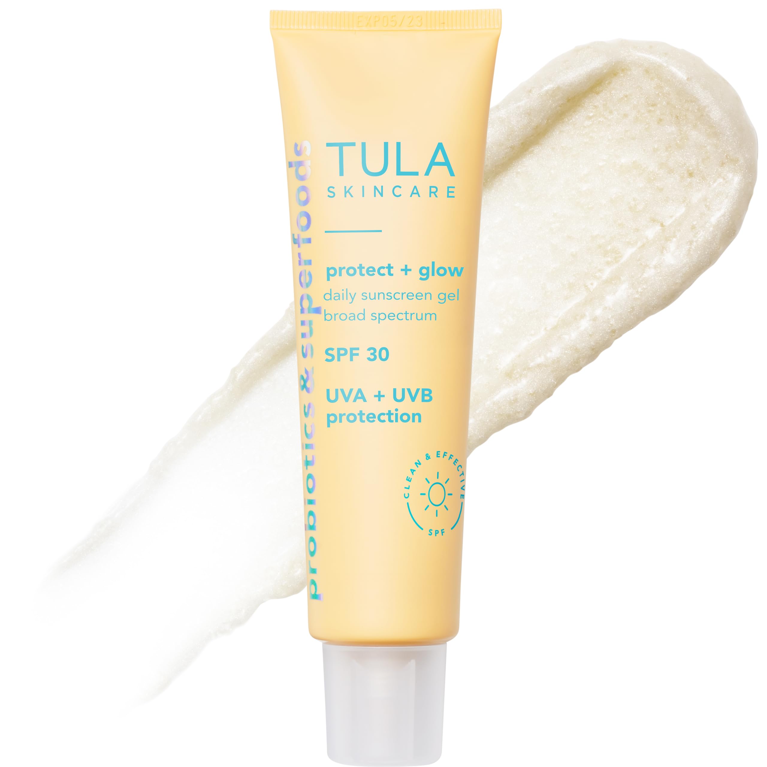 TULA Protect + Glow sunscreen gel packaging shows SPF 30 skincare-first design.