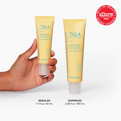 TULA Protect + Glow sunscreen spread on back of hand shows gel-cream absorption.