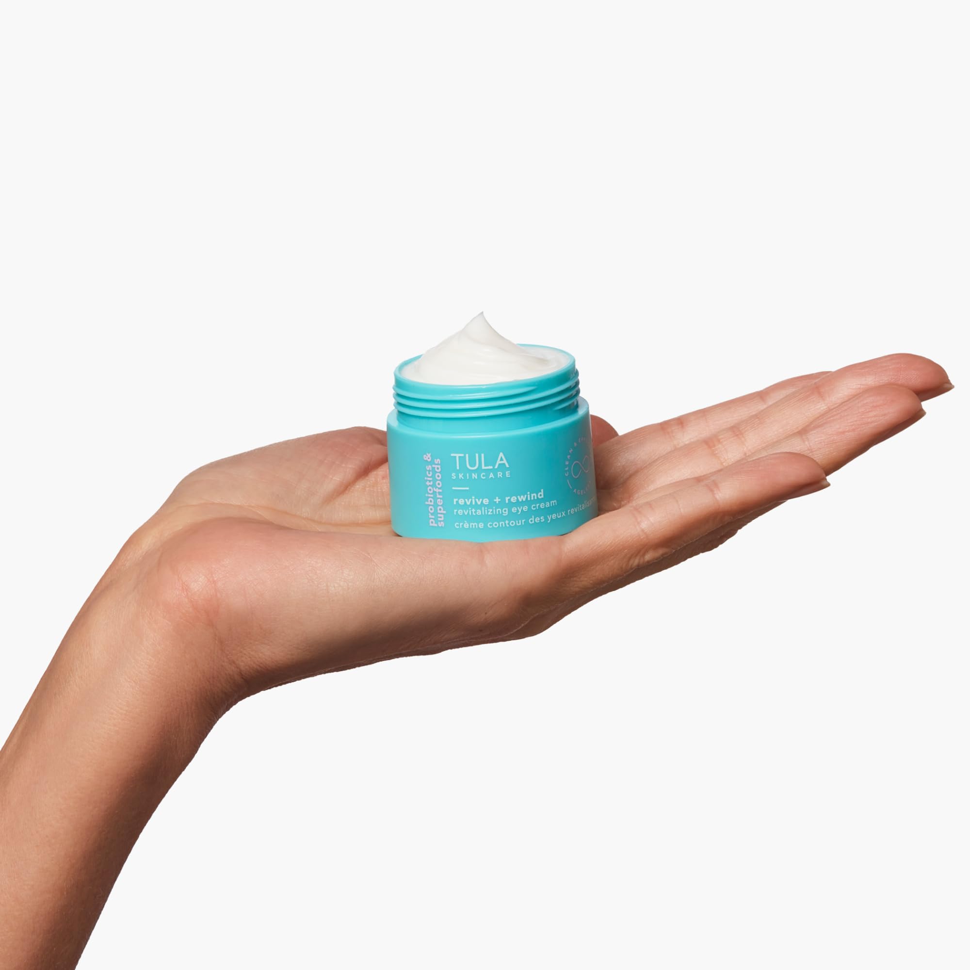 Packaging of TULA Revive & Rewind eye cream highlighting probiotic extracts and clean formula.