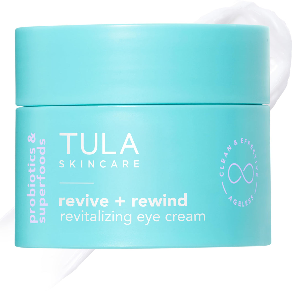 TULA Revive & Rewind eye cream tube close-up; creamy texture supports under-eye hydration.