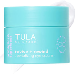 TULA Revive & Rewind eye cream tube close-up; creamy texture supports under-eye hydration.
